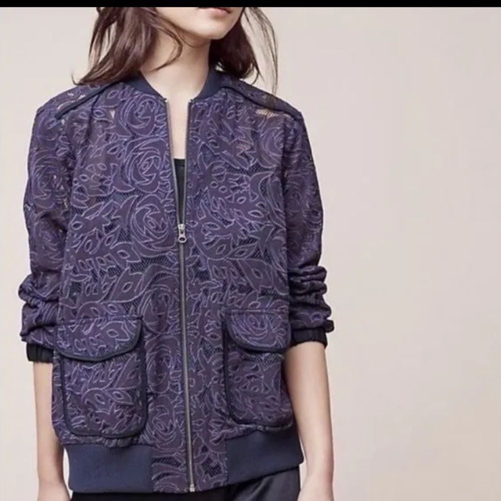 Anthropologie Elevenses Miranda Embroidered Floral Lace Unlined Bomber Jacket L